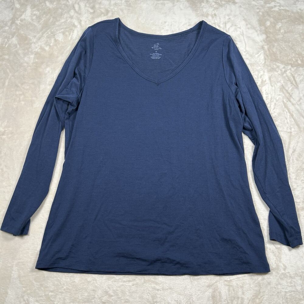 Woolx Layla Long Sleeve V Neck T-Shirt Top All-Season Wool Blend Blue Size 1X